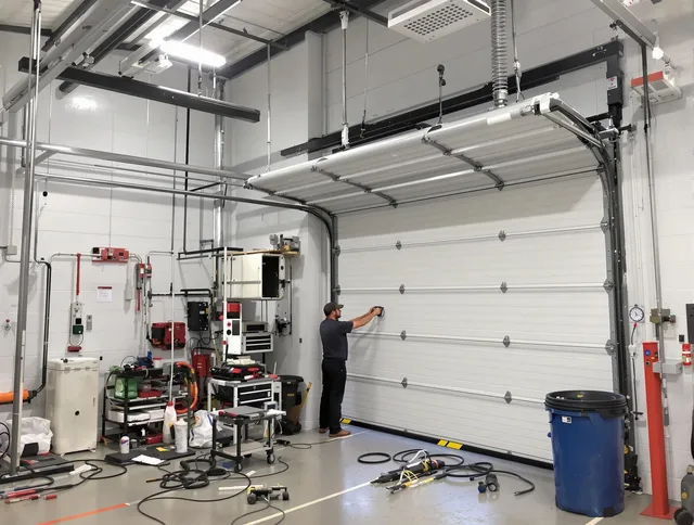 New Franklin Garage Door Repair certified technician performing commercial door repair at a New Franklin business facility