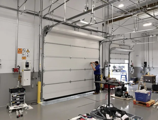 Commercial garage door repair being performed by New Franklin Garage Door Repair expert in New Franklin
