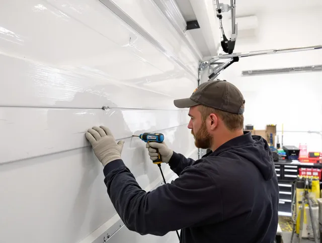 New Franklin Garage Door Repair technician demonstrating precision dent removal techniques on a New Franklin garage door