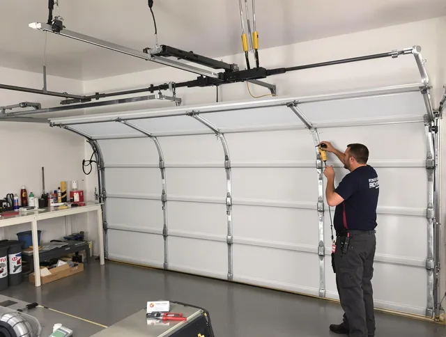 New Franklin Garage Door Repair certified technician performing overhead door system repair in New Franklin