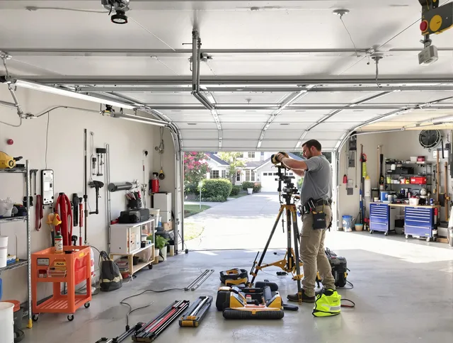 New Franklin Garage Door Repair specialist performing laser-guided track alignment in New Franklin